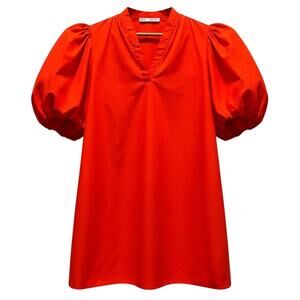 Nicole Miller New York Puff-Sleeve Cotton Mini Dress – Size M Clementine Orange